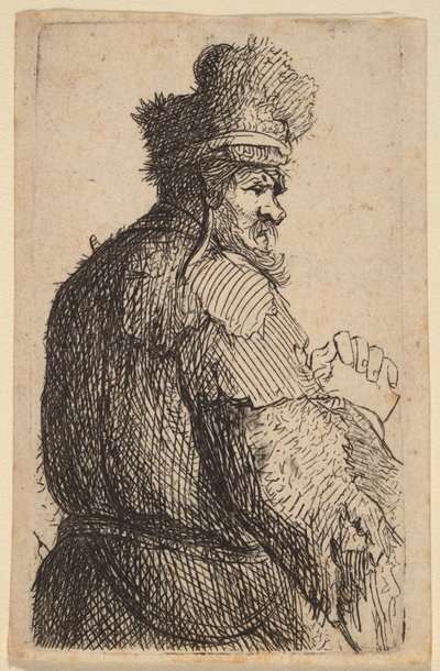 Gammal man sedd bakifrån, i profil åt höger av Rembrandt van Rijn