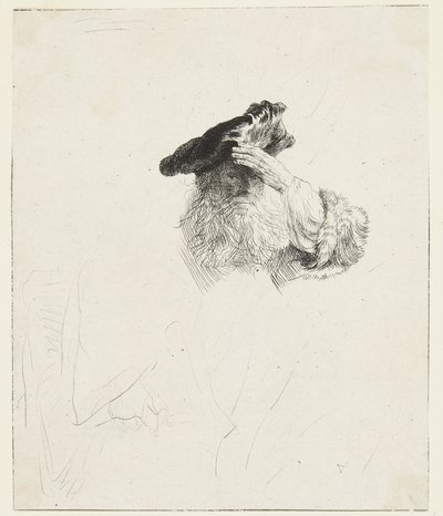 En gammal man som skuggar ögonen med handen av Rembrandt van Rijn