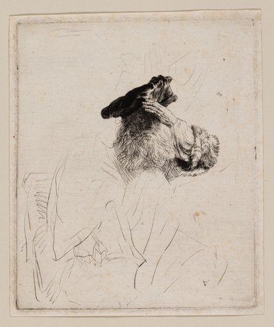 Gammal man skuggar sina ögon med sin hand av Rembrandt van Rijn
