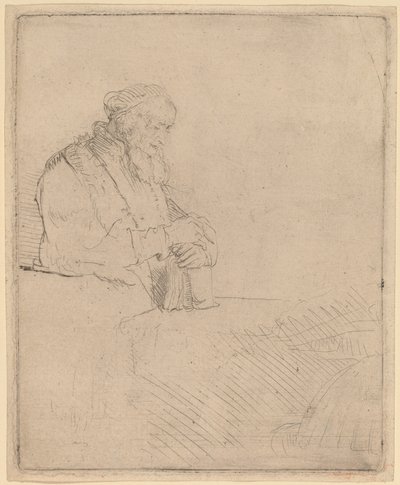 Gammal man i meditation, lutad mot en bok av Rembrandt van Rijn
