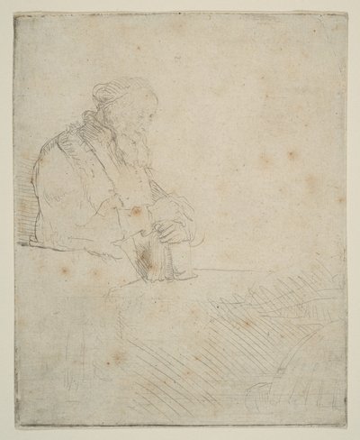 Gammal man i meditation, lutad mot en bok, ca. 1645. av Rembrandt van Rijn