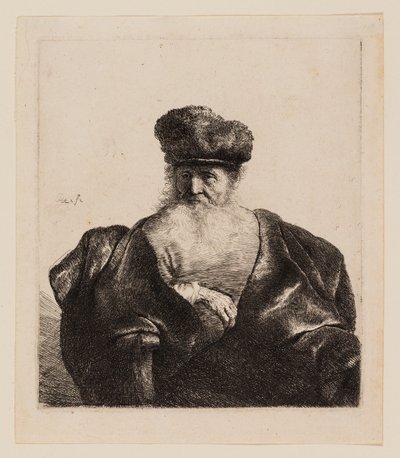 Gammal man med skägg, pälsmössa och sammetsmantel av Rembrandt van Rijn