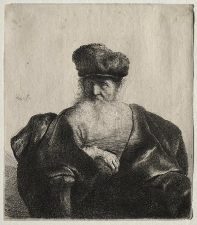 Gammal man med skägg, pälsmössa och sammetsmantel av Rembrandt van Rijn