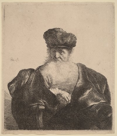 Gammal man med skägg, pälsmössa och sammetsmantel av Rembrandt van Rijn