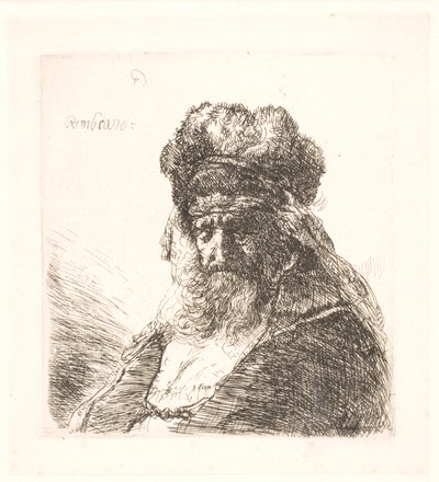 Gammal skäggig man i en hög pälsmössa, med slutna ögon av Rembrandt van Rijn