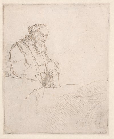 En äldre man som mediterar, lutad mot en bok av Rembrandt van Rijn