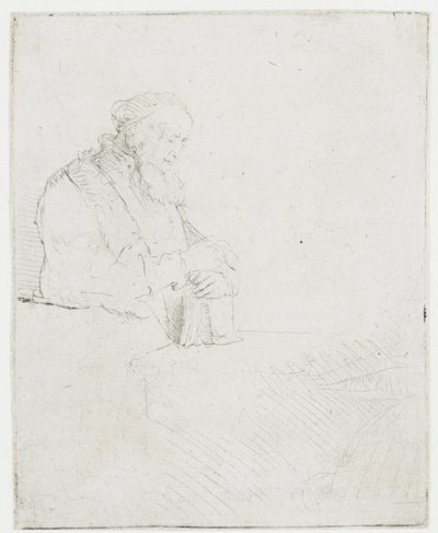 En äldre man som mediterar, lutad mot en bok av Rembrandt van Rijn