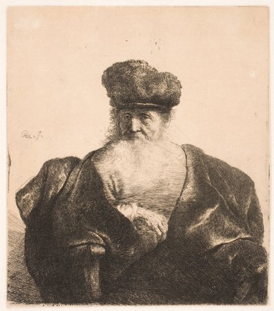 En sittande äldre man med fladdrande skägg, pälsmössa och sammetsmantel av Rembrandt van Rijn