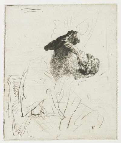En äldre man som skuggar ögonen med handen av Rembrandt van Rijn
