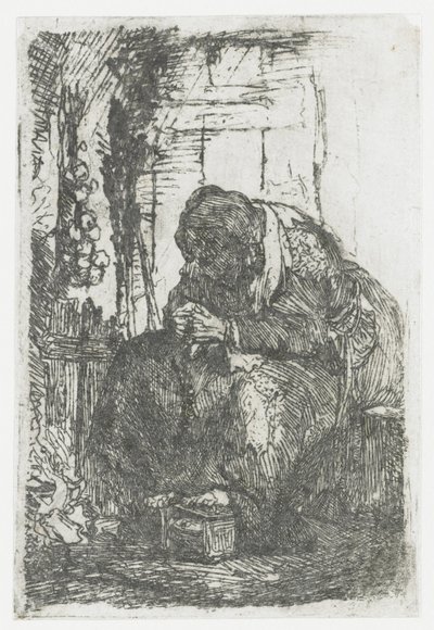Gammal kvinna med lök, sittande i en stuga av Rembrandt van Rijn