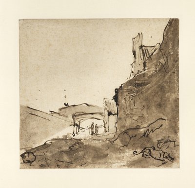 Utkanten av en stad med murar och en dörröppning, ca 1627-28 (indisk bläck med tvätt på papper) av Rembrandt van Rijn