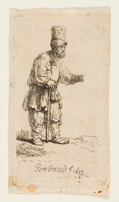 Bonde i hög mössa, stående lutad på en pinne av Rembrandt van Rijn