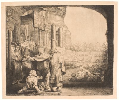 Petrus och Johannes botar krymplingen vid templets port av Rembrandt van Rijn