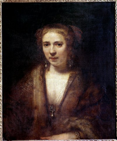 Porträtt av Hendrickje Stoffels (1625-1663) vid baskern av sammet, följeslagare till målaren Målning av Harmensz Van Rijn Rembrandt (1606-1669) 1600-talet sön. 0,61x0,74 m av Rembrandt van Rijn