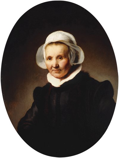 Porträtt av en dam, 62 år, kanske Aeltje Pietersdr. Uylenburgh, hustru till Johannes Cornelisz. Sylvius, halvlängd i svart dräkt., 1632 av Rembrandt van Rijn