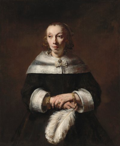 Porträtt av en dam med en strutsfjäderfläkt av Rembrandt van Rijn