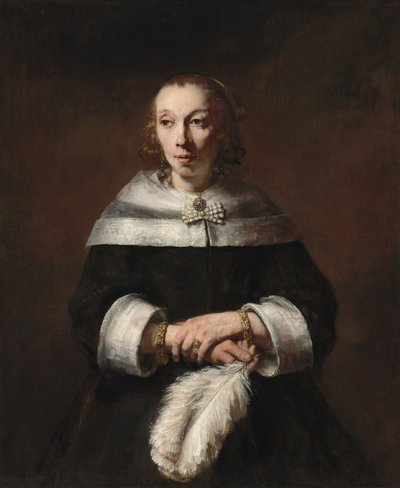 Porträtt av en dam med en strutsfjäderfläkt, ca. 16561658. av Rembrandt van Rijn
