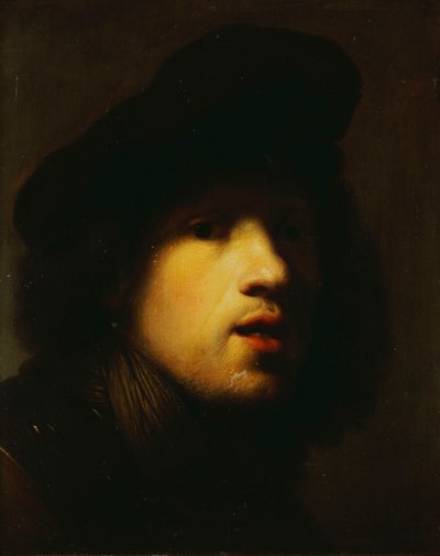 Porträtt av konstnären, huvud och axlar, i en svart basker och en ravin av Rembrandt van Rijn