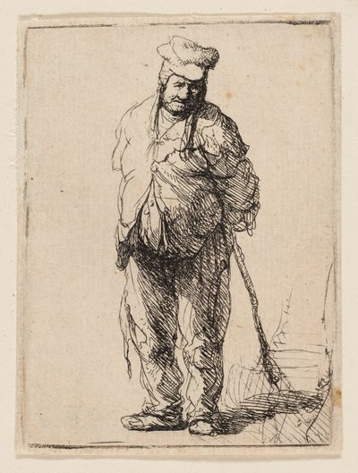 Trasig bonde med händerna bakom sig och håller en pinne av Rembrandt van Rijn