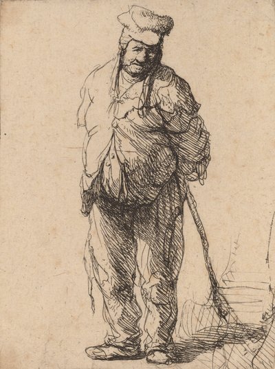 Trasig bonde med händerna bakom sig, håller en pinne, ca. 1630. av Rembrandt van Rijn