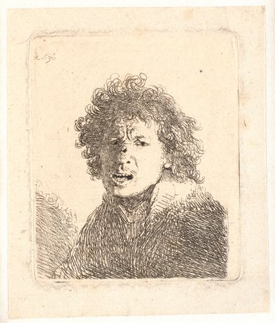 Rembrandt barhuvad och öppen mun, som om han ropade: byst av Rembrandt van Rijn