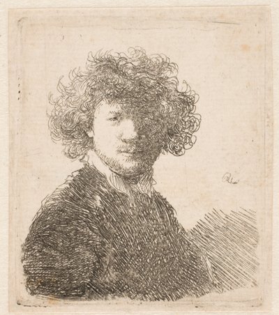Rembrandt utan huvudbonad, med tjockt lockigt hår och en liten vit krage: byst av Rembrandt van Rijn