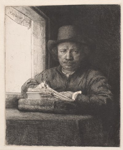 Rembrandt ritar vid ett fönster av Rembrandt van Rijn