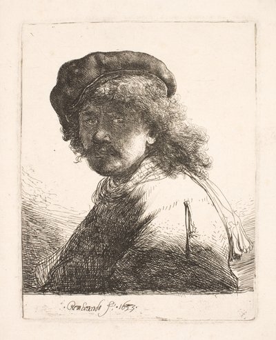 Rembrandt med mössa och halsduk: ansiktet i skugga: byst av Rembrandt van Rijn