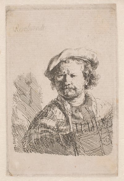 Rembrandt i platt keps med en sjal om axlarna av Rembrandt van Rijn