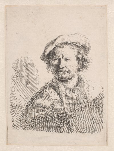 Rembrandt i platt keps med en sjal om axlarna av Rembrandt van Rijn