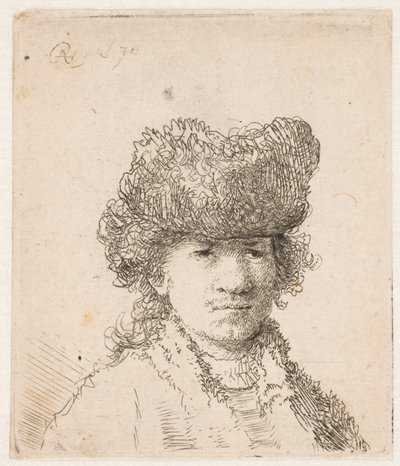 Rembrandt i pälsmössa: klädseln, ljuset: byst av Rembrandt van Rijn