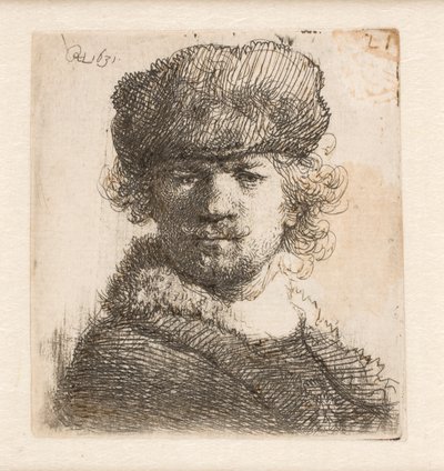 Rembrandt i en tjock pälsmössa: framifrån: bröstbild av Rembrandt van Rijn