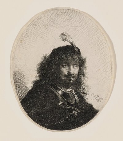 Rembrandt med fjäderprydd mössa och nedsänkt sabel av Rembrandt van Rijn