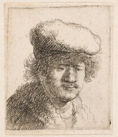 Rembrandt med kepsen dragen framåt: byst av Rembrandt van Rijn