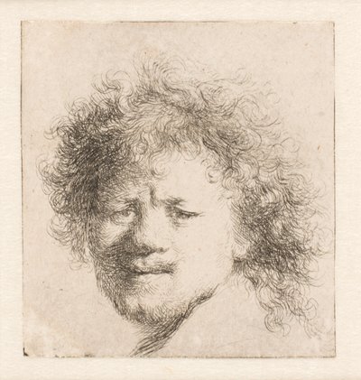 Rembrandt med långt, fylligt hår: endast huvudet av Rembrandt van Rijn
