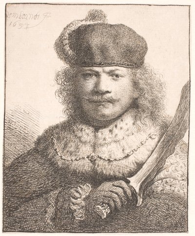 Rembrandt med upplyft sabel: halvfigur av Rembrandt van Rijn