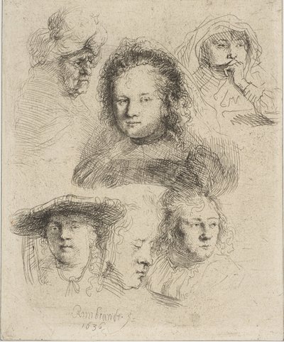 Rembrandts fru och fem andra huvuden, 1636. av Rembrandt van Rijn