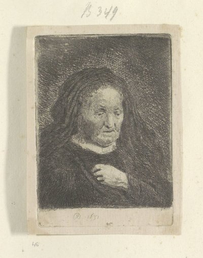 Rembrandts mamma med handen på bröstet: liten byst Recueil de quatre-vingt-cinq estampes originales (serietitel) av Rembrandt van Rijn