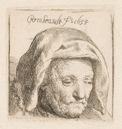Rembrandts mor med en huvudbonad av tyg, blickar nedåt: endast huvudet av Rembrandt van Rijn