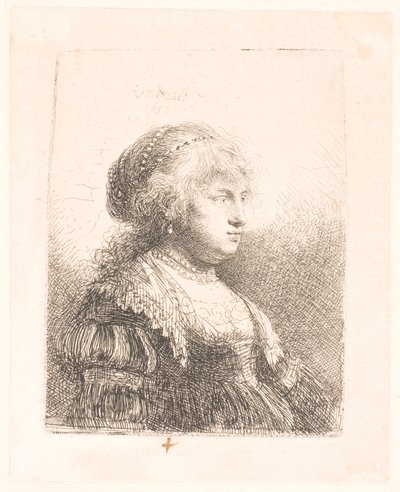 Rembrandts hustru Saskia, med pärlor i håret, byst av Rembrandt van Rijn