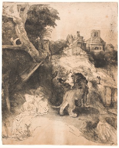 S. Jerome läser, i ett italienskt landskap av Rembrandt van Rijn