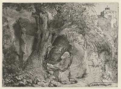 Saint Francis under ett träd, ber St Francis under ett träd ber av Rembrandt van Rijn