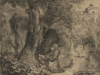 Sankt Franciskus under ett träd ber, 1657. av Rembrandt van Rijn