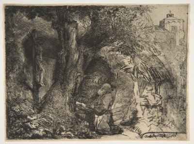 Sankt Franciskus under ett träd, ber, 1657. av Rembrandt van Rijn