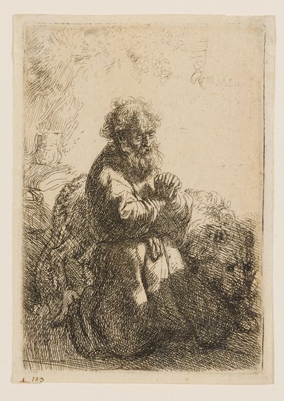 Den helige Hieronymus knäböjer i bön och blickar nedåt av Rembrandt van Rijn