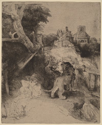 Den helige Hieronymus läsande i ett italienskt landskap av Rembrandt van Rijn