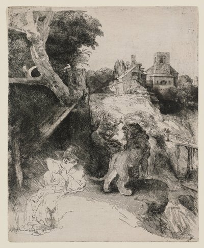 Den helige Hieronymus läser i ett italienskt landskap av Rembrandt van Rijn