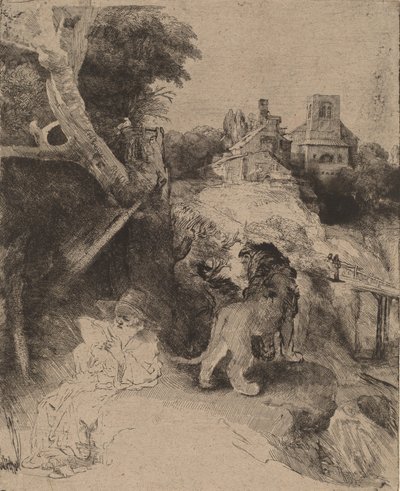 Saint Jerome läser i ett italienskt landskap, ca. 1653. av Rembrandt van Rijn