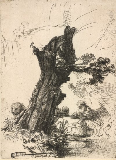 Saint Hieronymus bredvid en pollardpil, 1648. av Rembrandt van Rijn