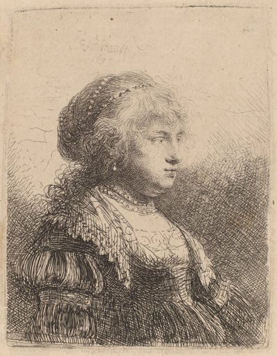 Saskia med pärlor i håret, 1634 av Rembrandt van Rijn